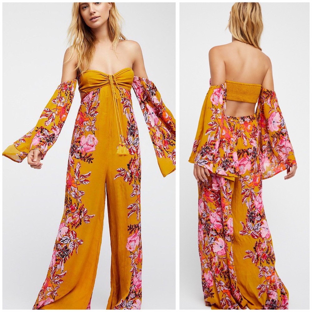 Free People Falling flowers yellow floral off-shoulder jumpsuit